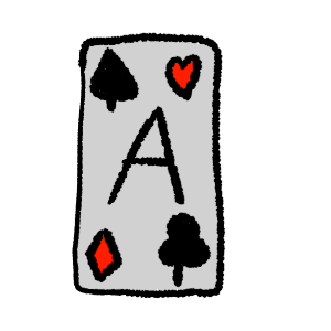 black outlines, a card with a black spade in the top left corner, red heart in the top right, red diamond in the bottom left, black club in the bottom right and a black A in the middle